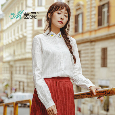 

INMAN 2018 autumn new style lapels embroidered dark stripes long-sleeved shirt female 18830VP11484 rice white XL