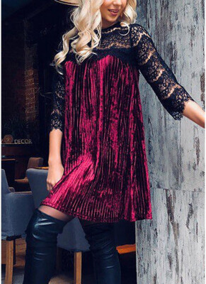 

Sexy Women Lace Crushed Velvet Mini Dress Lace Splicing Half Sleeve Evening Party Cocktail Shift Dress 2018 New