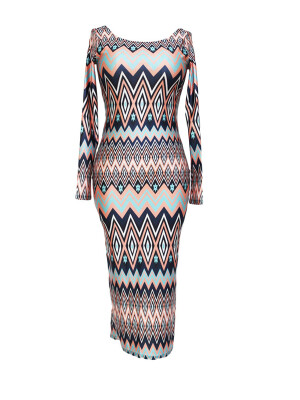 

Geometric Print Long Sleeve Slim Dress
