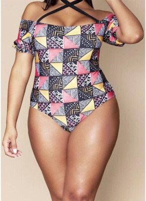 

2018 Women Plus Size Swimsuit Geometric Print Halter Short One-Piece Bikini Swimwear