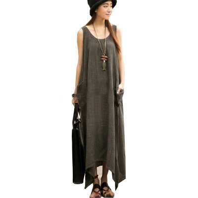 

S-5XL Plus Size Sleeveless Pocket Irregular Cotton Long Maxi Dress