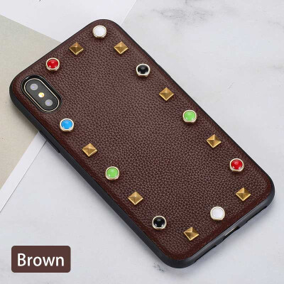 

Genuine Leather Phone Case For iPhone X Litchi Texture rivet Back Cover For 6 6S 7 8 Plus Cases