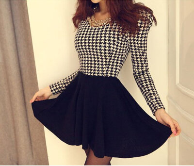 

Women Girls Swallow Gird Plaid Long Puff Sleeve Mini Dress Tutu Skirt