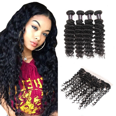 

Ishow Pre-Colored 7A Peruvian Deep Wave Human Hair Bundles With Lace Frontal Closure 4 Bundles Hair Weave With Closure