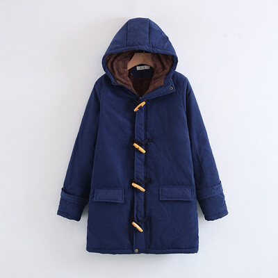 

2018 New Arrival Horn Button Lambskin Long Womens Cotton Coat Large Size Casual Slim Hooded Coat Outerwear Parka