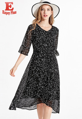 

XL XXL 3XL 4XL 5XL plus size elegant chiffon summer autumn 2018 women dress half sleeve big size black print midi a line lady
