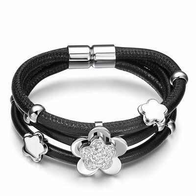 

Womens Triple Layer Full Stone Flowers Cowskin Leather Bracelet