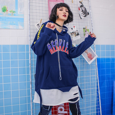 

Women 2018 Spring New BF Hooded Sweatwear Long-sleeved Long Loose Hit Color Hole Hoodies Sweatshirts