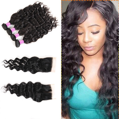 

Glary 8A Peruvian Virgin Hair with Closure Natural Wave Hair 100 Unprocessed Human Hair 4 Bundles with Closure Natural Black