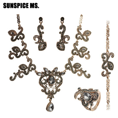 

Vintage Gray Crystal Flower Jewelry Sets For Women Antique Gold Color Drop Earring Bracelet Ring Necklace Turkish Wedding Bijoux