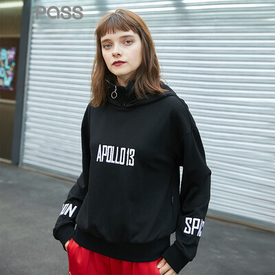 

PASS letter printed red hooded sweater 2018 new autumn female ulzzang long sleeve pullover jacket tide 68305PA21087 black S