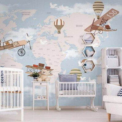 

Cutom 3D wall paper mural or fresco on the wall wholesale world map&fly trip for kids room children room&nursery room
