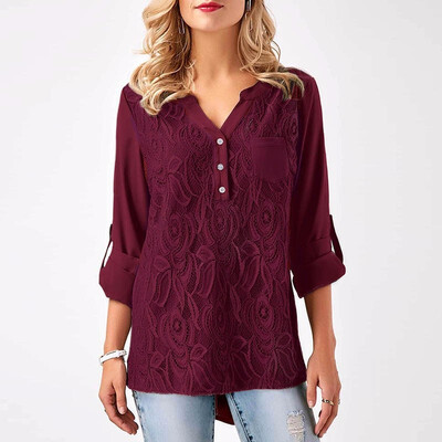 

Women Fashion Casual Solid Color Patchwork Lace Button Pocket V Neck Tops Plus Size Long Sleeve Autumn Slim Fit Pullover Chiffon B