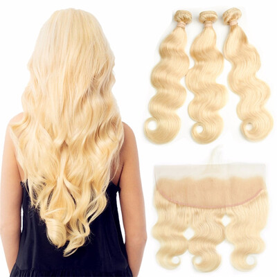 

HCDIVA Hair Blonde Body Wave Lace Frontal Closure with 3 Bundle Brazilian Virgin Human Hair Weaving Color 613 Honey Blonde
