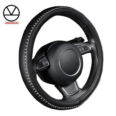 

KAWOSEN PU leather steering wheel cover black color with white durable sewing thread M size fits 38cm15" diameter
