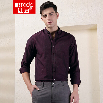 

Red bean Hodo mens long-sleeved shirt mens casual business casual color point button collar long-sleeved shirt R1 dark red 17592A