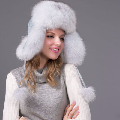 

FURART hot warm autumn&winter female Fox fur bomber hat snow cap fur womens hat ladies leather ear caps