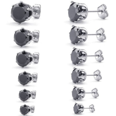 

Hpolw Mens Womens Cubic Zirconia Stainless Steel Round Stud Earring set 3-8mm 6 Pairs Black