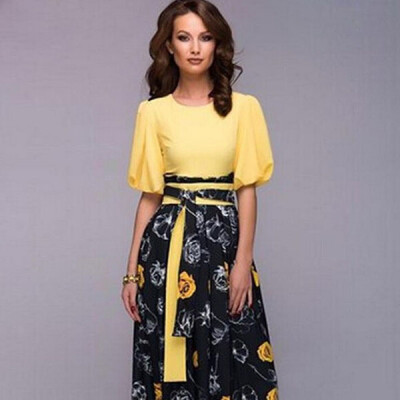 

Lovaru ™New 2015 Summer Style Women Yellow Black Flower Print Maxi Dress O-neck Half Sleeve Patchwork Casual Long Dress