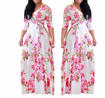 

Womens Fashion Bohemian Short Sleeve Floral Print Deep V-neck Maxi Dress Beach Dress Vintage Dress Plus SizeS-5XL