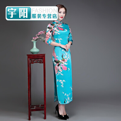 

Silk sleeves long cheongsam slim performance catwalk welcome ceremonial cheongsam dress large size retro