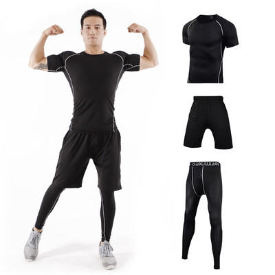 

Fan Dimu sports suit mens fitness clothing tight body quick-drying breathable moisture wicking running basketball suit fitness clothing men FNZ9001-black stitching - short sleeve three-piece -XXXL