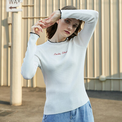 

PASS Tide brand 2018 new autumn simple letter set head hair sweater female Slim was thin knit pullover jacket tide 68303PA23011 beige white S