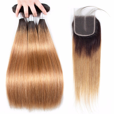 

HCDIVA 3 Bundles Ombre Brazilian Straight Human Hair Bundle With Closure with Baby Hair 1b27 Virgin Ombre Dark Roots Blonde