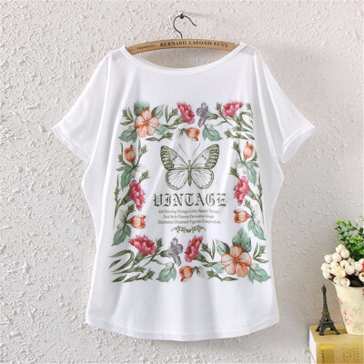 

Vintage Spring Summer Digital Printing Girl Womens Loose Short Batwing Sleeve T-shirt