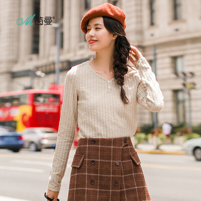 

INMAN 2018 autumn new solid color V-neck button literary fan vertical stripes long-sleeved T-shirt female 18830VP21221 meters white
