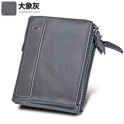 

Crazy Horse Leather Mens Wallet Leather Short Anti-RFID Pirate Brush Mens Wallet Double Zip Wallet