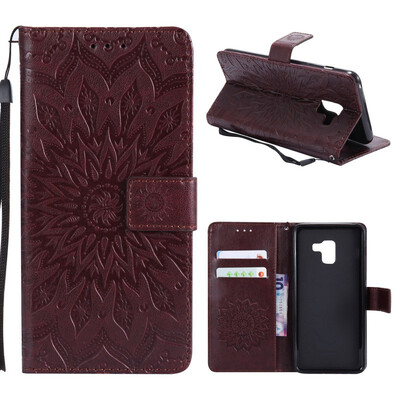 

MOONCASE Samsung Galaxy A8 2018 Wallet CaseSun Flower Pattern Embossed PU Leather Magnetic Flip Cover Card Holders - Brown