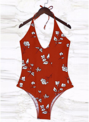 

2018 Women Floral One Piece Halter Swimsuit Bathing Beachwear Swimwear