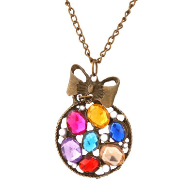 

Chain Hot Women Necklace Vintage Retro Bronze Colorful Bowknot Flower Pendant