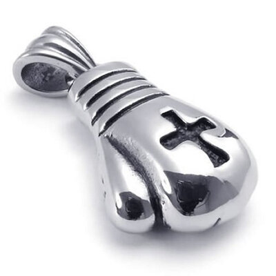 

Hpolw Mens Stainless Steel Black Cross Huge Heavy Silver Boxing Gloves Pendant Necklace18-26 inch Chain