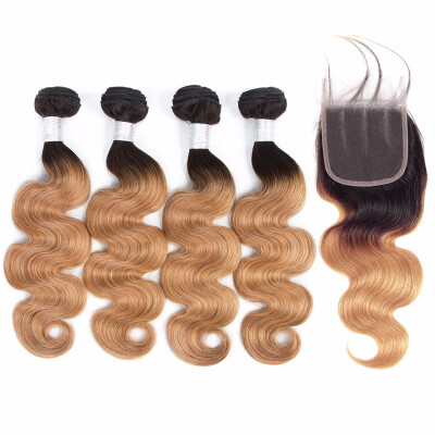 

HCDIVA Ombre Brazilian Body Wave Human Hair Bundles with Lace Closure Virgin Ombre Hair Weave 4 Bundles with Closure T1b27