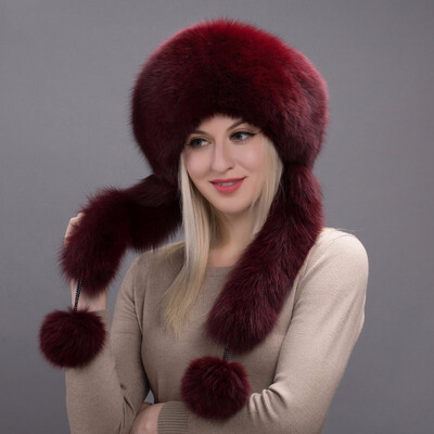 

2018 Real Fox Fur Hat Bomber with Rabbit Fur Top Pompon Fall Winter Womens New Ear Hat Russian Outdoor Warm HHY 17-19