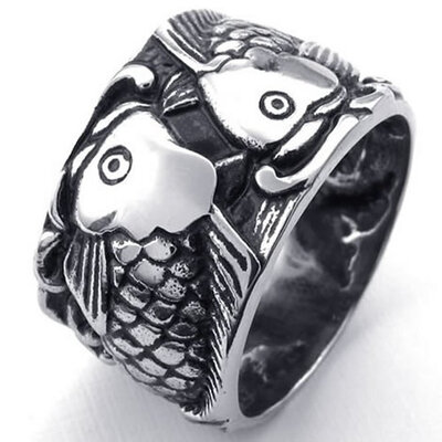 

Hpolw Mens Vintage Carp Fish Jewelry black Stainless Steel deft design Ring&Unique animals Design Ring Mens Ring