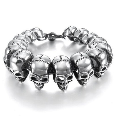 

Hpolw Gothic Skull Biker Stainless Steel Mens Bracelet Black Silver KL-16