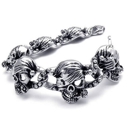 

Hpolw Heavy Stainless Steel Gothic Skull Biker Mens Bracelet Color Silver Black