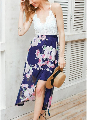 

New Crochet Lace Floral Chiffon Spaghetti Strap Cross Over Sleeveless Backless One-Piece Dress Homecoming Dress