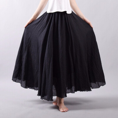 

Linen Cotton Long Pleated Skirts Women Elastic Waist Maxi Skirts Beach Party Vintage Summer Skirts Faldas Saia