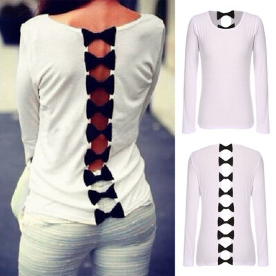 

Stylish Lady Women Sexy O-Neck Long Sleeve Back Bow Hollow Out Slim Casual Tops T-shirt