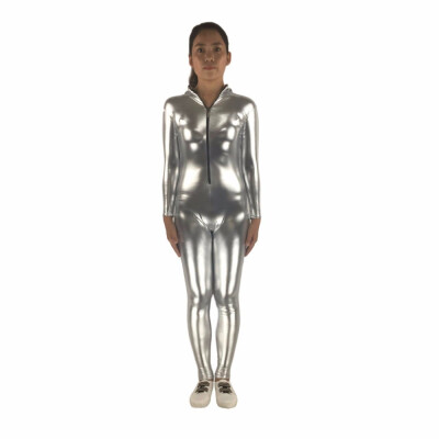 

24 Hrs Shipped Out Womens Shiny Metallic Unitard Front Zipper Long Sleeves Zentai Suit with cap Womens Stage Cotumes