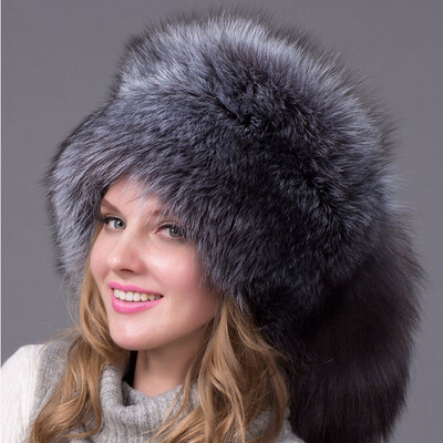 

Winter female Lei Feng hat 100 leather fur fox tail ear cap woman natural fox fur hat womens winter cap warm wool hat HJL-03