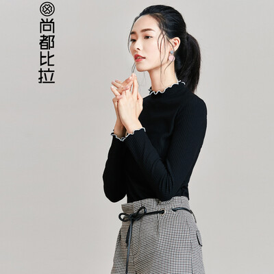 

Sentubila wild lace half-high collar knit T-shirt female 2018 autumn new solid color base coat 174T0718336 black