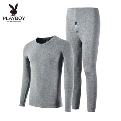 

Playboy Mens Thermal Underwear Set V-neck Basic Thermal Underwear Mens Thick Autumn Clothes Long Pants Set Light Gray V-neck