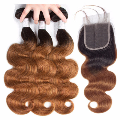 

HCDIVA Body Wave Ombre Hair Peruvian 3 Bundles with Closure 44 Virgin Human Hair Extensions Ombre Brown T1B30