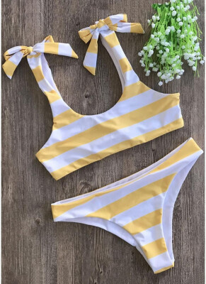 

2018 Striped Print Bow Top Bottom Bikini Set