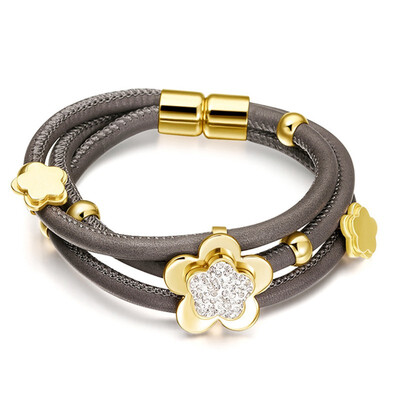 

Womens Triple Layer Full Stone Flowers Cowskin Leather Bracelet